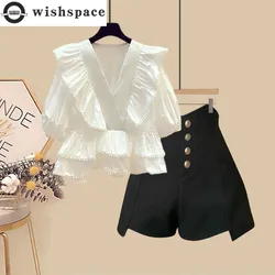 Ruffled V-neck Short Sleeved Shirt Casual Shorts Two-piece Elegant Women's Shorts Set Summer Clothing Outfits 2024