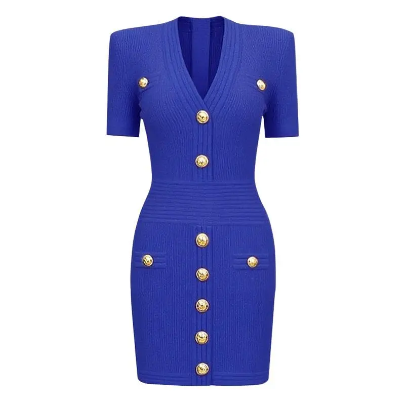 

Elegant Short Knitted Dress with Rivet Button Classic V-Neck Midi Skirt Sleeveless Women's Fashion Commute New Arrival 2025