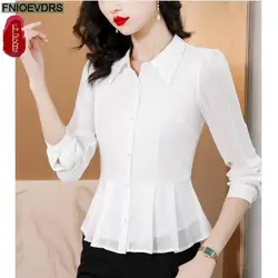 Office Lady Shirts 2023 Fall Autumn Basic Wear Work Women French Design Long Sleeve Button Shirt Ruffles Peplum Tops Blouses