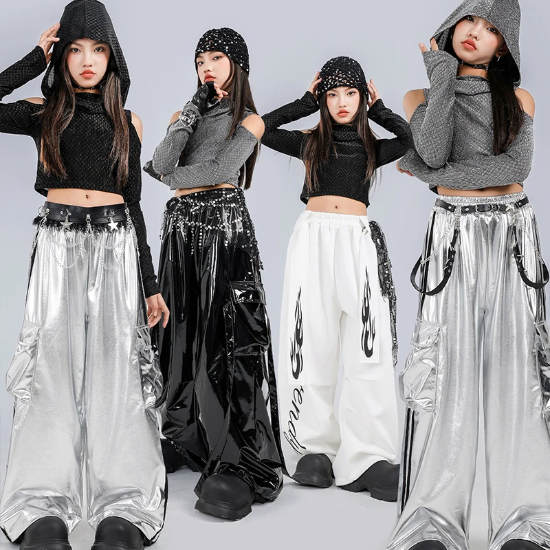 

Укороченная толстовка с блестками для девочек, брюки-карго, детская уличная одежда в стиле хип-хоп, детский джазовый костюм, комплект одежды для групповых уличных танцев для девочек