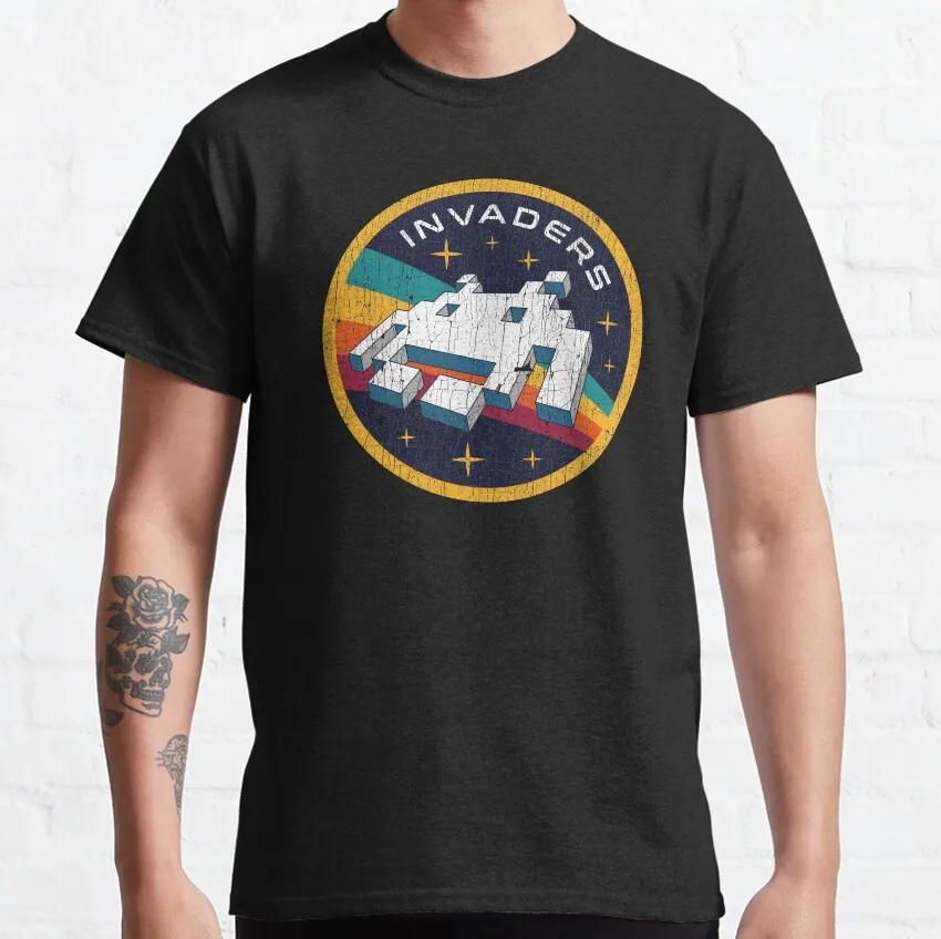Invaders Videogame Space Patch Gift T Shirt for gamer 80s  Vintage 8-Bits Aliens Game 100% cotton large size Adult tops S-6XL