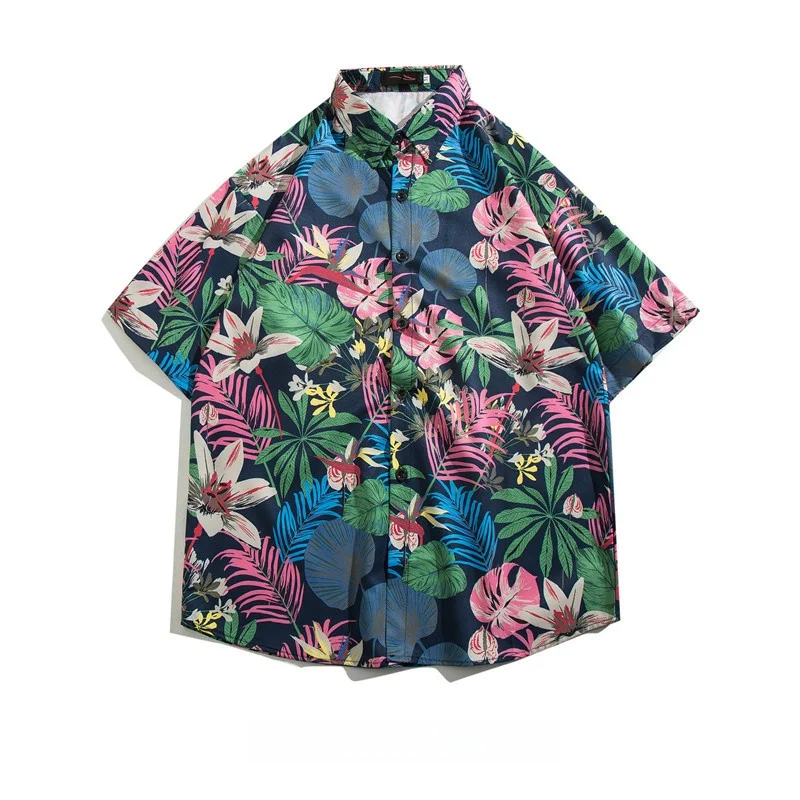 Summer Men's Hawaiian Retro Short Sleeve Floral Shirt Fashion Loose Handsome Beach Vacation Quick Drying Flower Shirt Coat