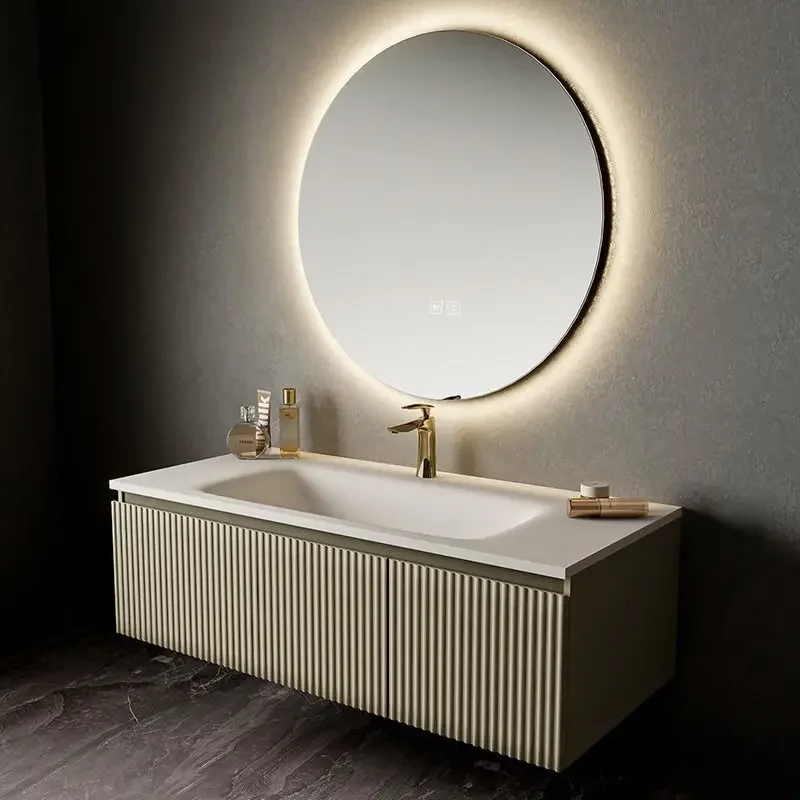 Light Luxury Oak Bathroom Cabinet LED Smart Mirror Slate Integrated Washbasin Bathroom Vanity Sink Cabinet Bathroom Furniture