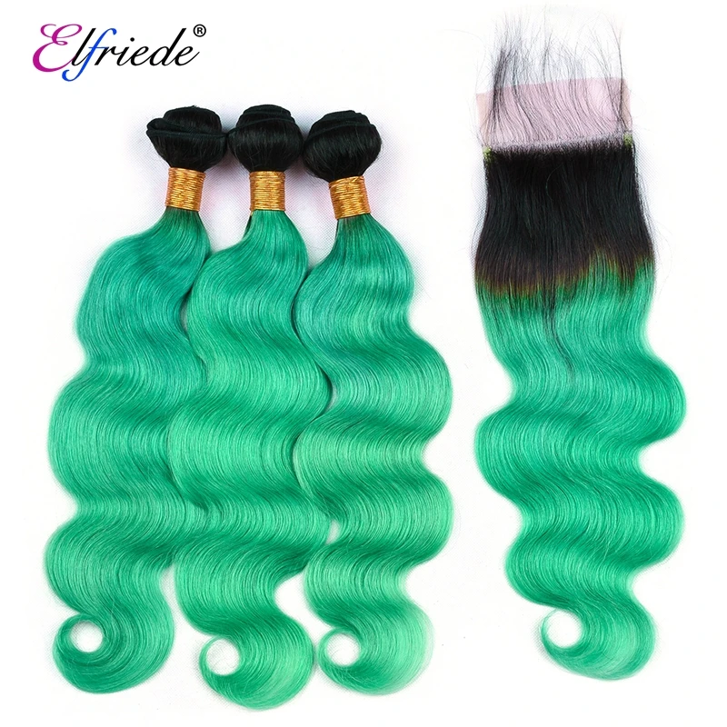 Elfriede Ombre 1B/Green Body Wave Hair Bundles with Closure 100% Human Hair Weaves 3 Bundles with Transparent Lace Closure 4x4