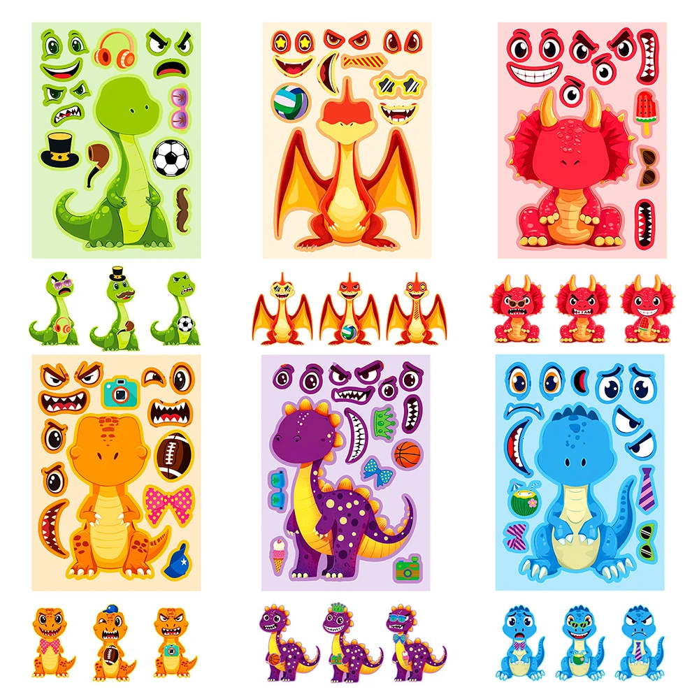 6/12Sheets Kids Game Puzzle Sticker Animals Dinosaur Make a Face DIY Phone Laptop Luggage Graffiti Decals Fun for Kid Gift - Image 4
