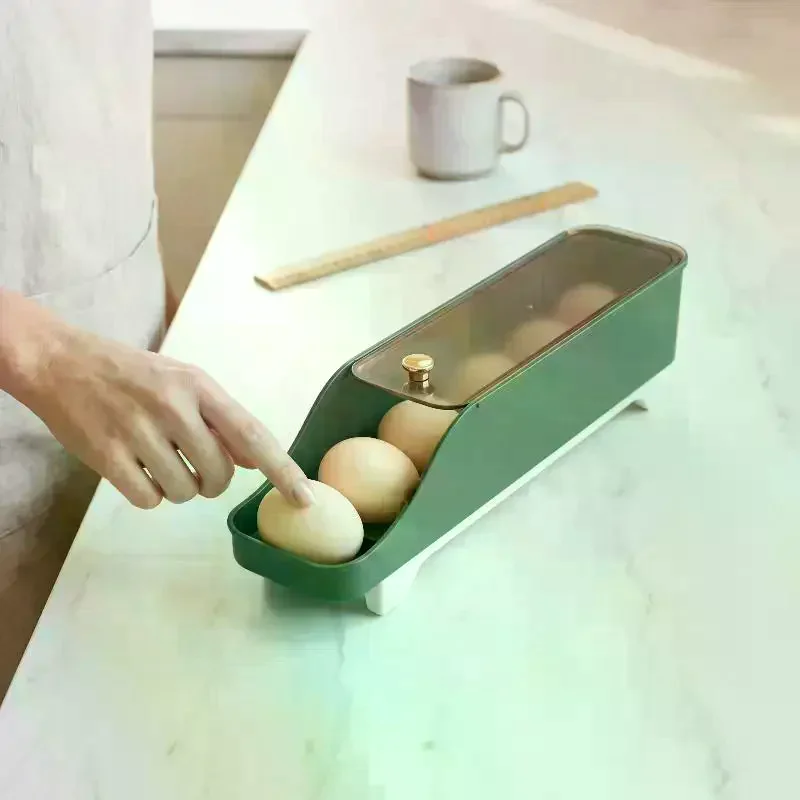 High-Grade PP Egg Organizer With Front Back Slope Auto-Sliding Function Date Adjustable Lid Refrigerator Egg Storage