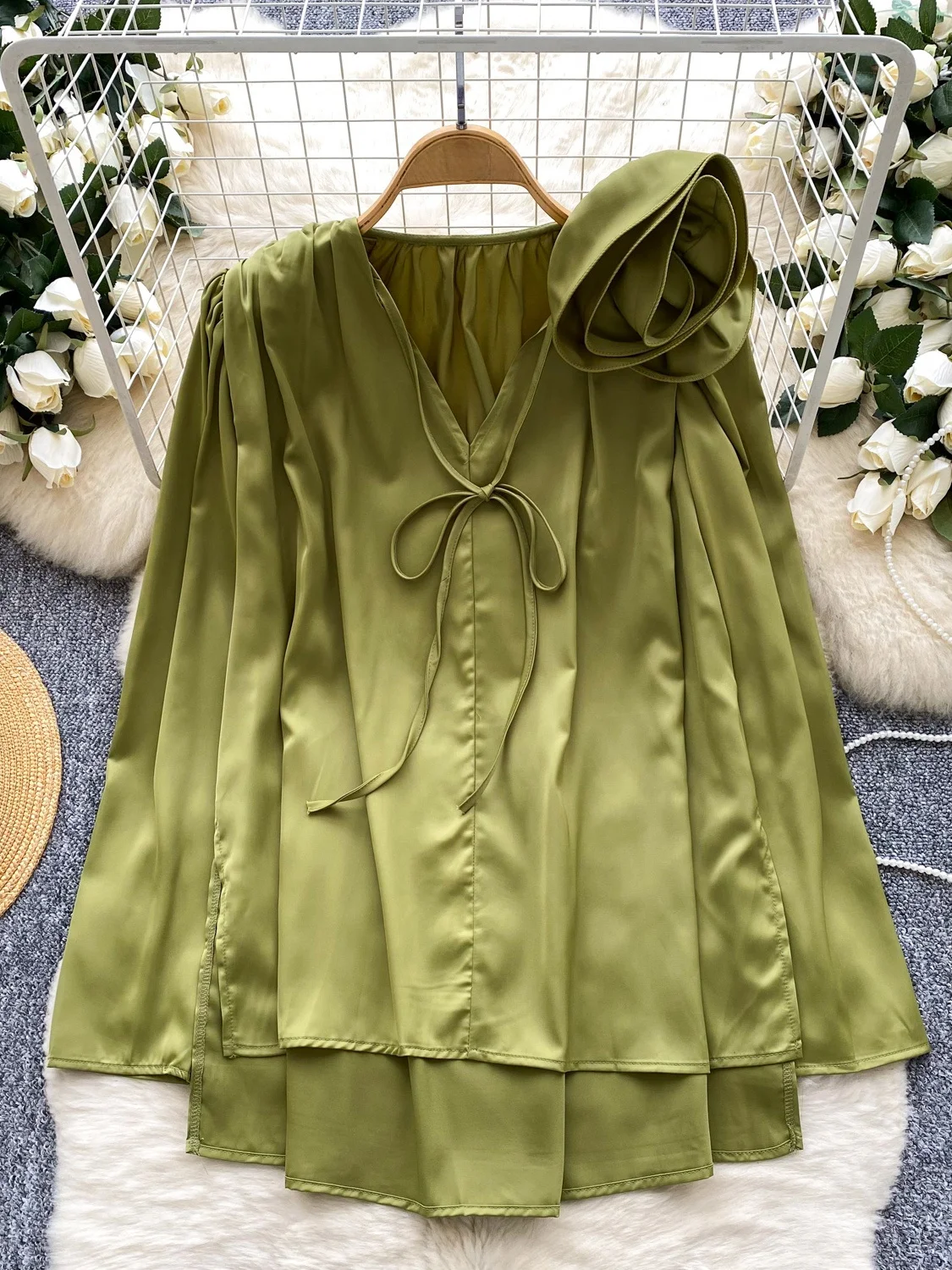 

Ele атласная длинная све irt V-Ne с разрезом, повседневная свободная женская мода, осень 2021, удобная дышащая корейская одежда