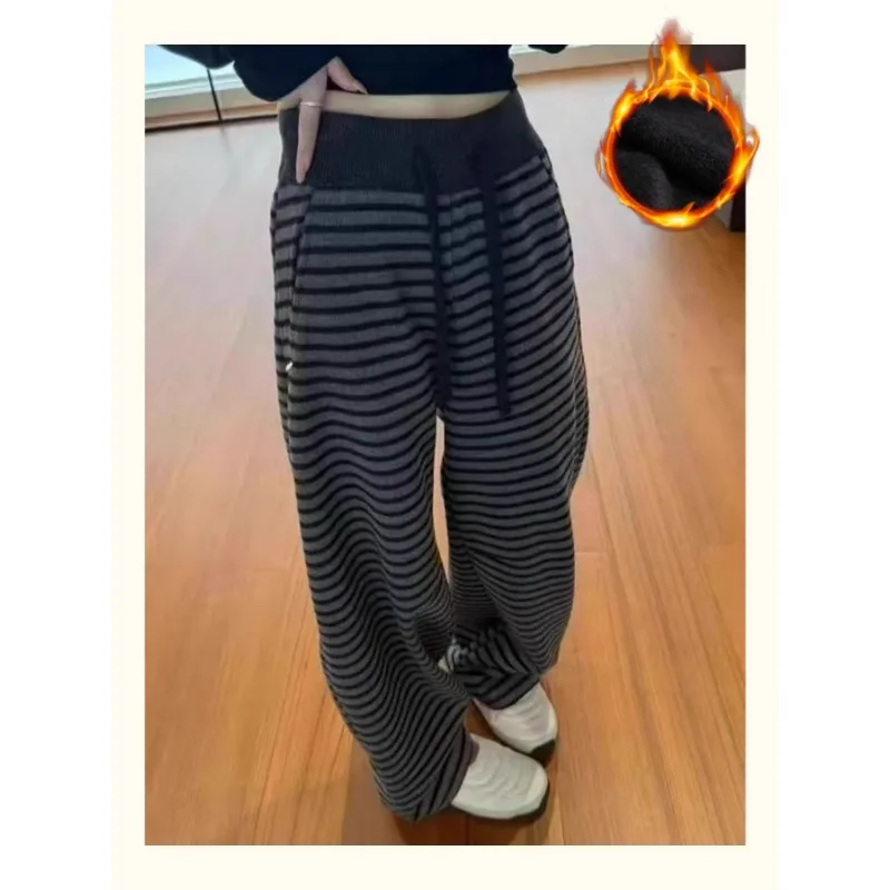 Fashion Fleece Womens Plus Size Striped Long Trouser Comfort Loose Straight-leg Floor-length Trouser Versatile Wide-leg Trousers