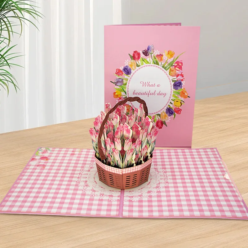 Gifts Pop Up Mom Floral Tulip Basket Wife Invitation Card Greeting Cards Mothers Day Postcard Hidden Cards Premium Greeting Card