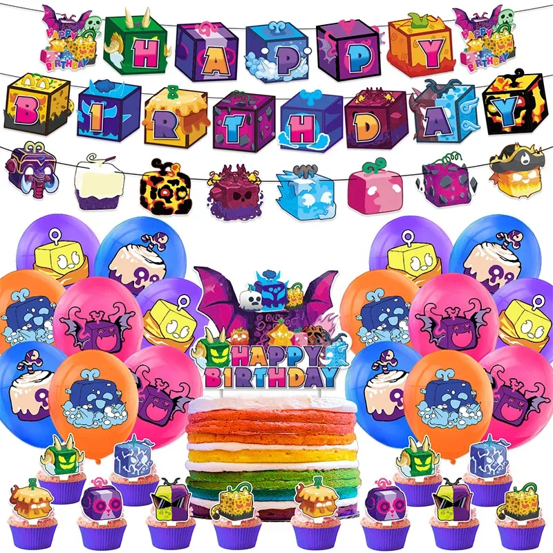 Blox Fruits birthday Party Supply Disposable Banner Cake Topper Hanging Flag Blox Fruits Balloons Set Birthday Cake Decoration