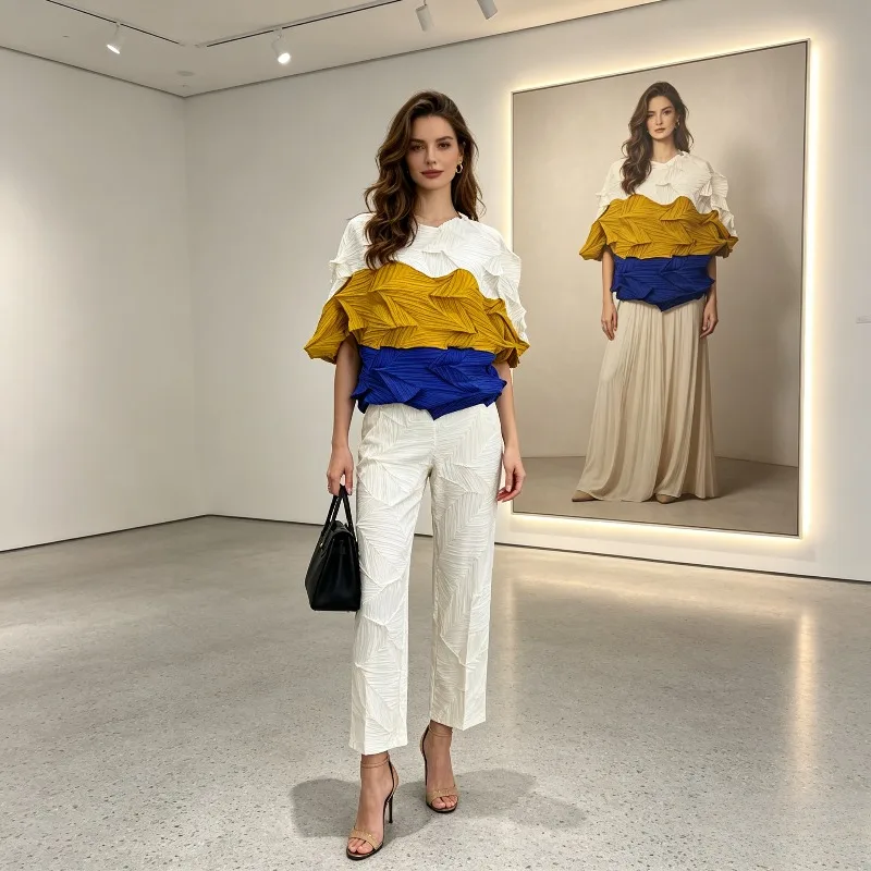 Miyake Pleated 2026 Fashion T-Shirt for Women Summer New Brick Stone Pleated Bud Color Block Sleeveless Casual Comfortable Top