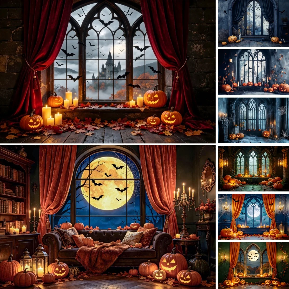 Halloween Photography Background Blue Night Medieval Gothic Room Window Pumpkin Light Aldult Halloween Portrait Photo Backdrop