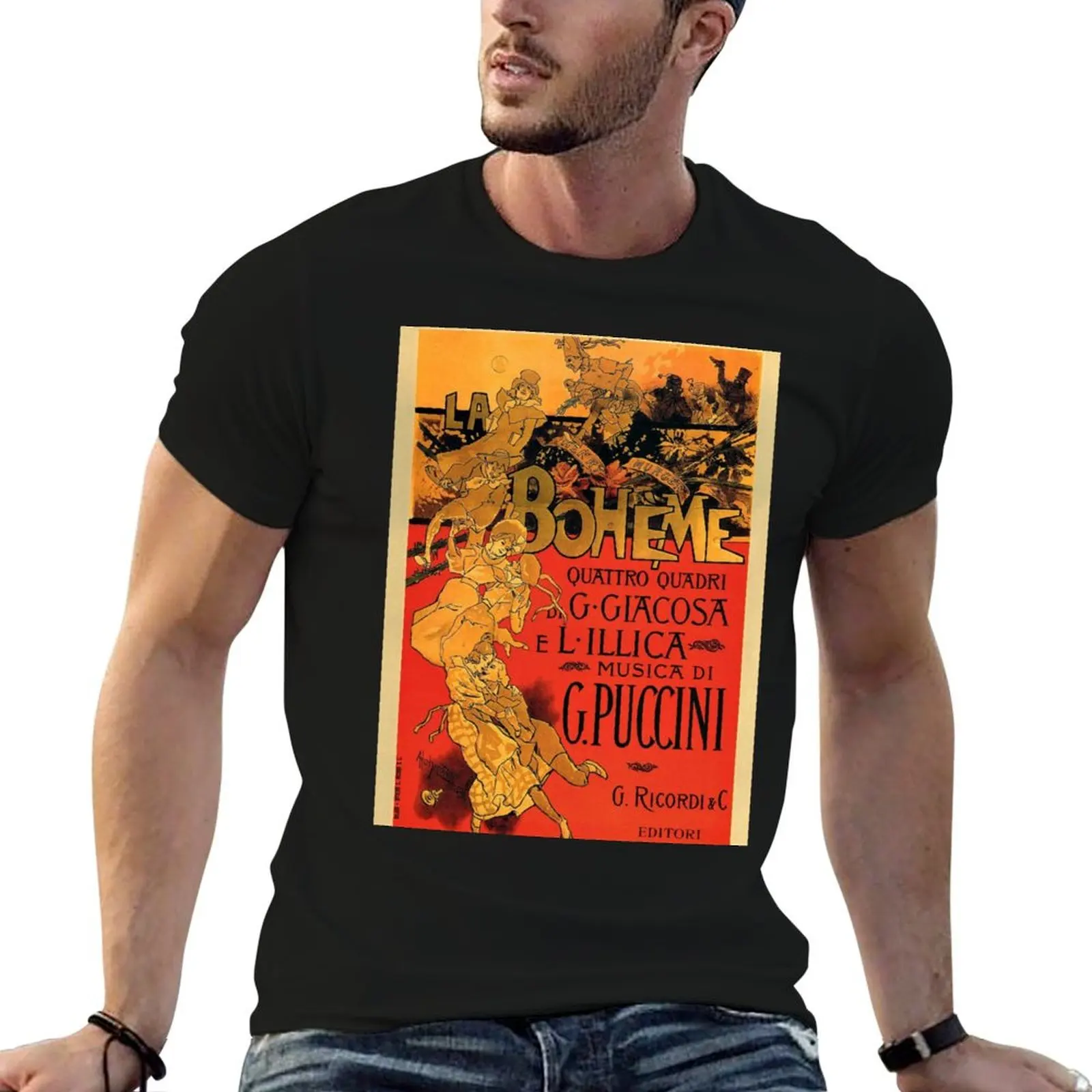 Camiseta Vintage Art Nouveau La Boheme Opera Music Poster, camiseta para hombre, camiseta 100% de algodón, camiseta de marca de lujo para hombre, camiseta de algodón pesado