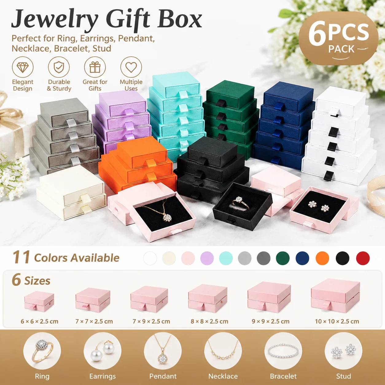 6pcs Pack Paper Jewelry Gift Box 11 Colors 4 Sizes for Ring Earrings Pendant Necklace Bracelet Stud Wedding Favor Packaging