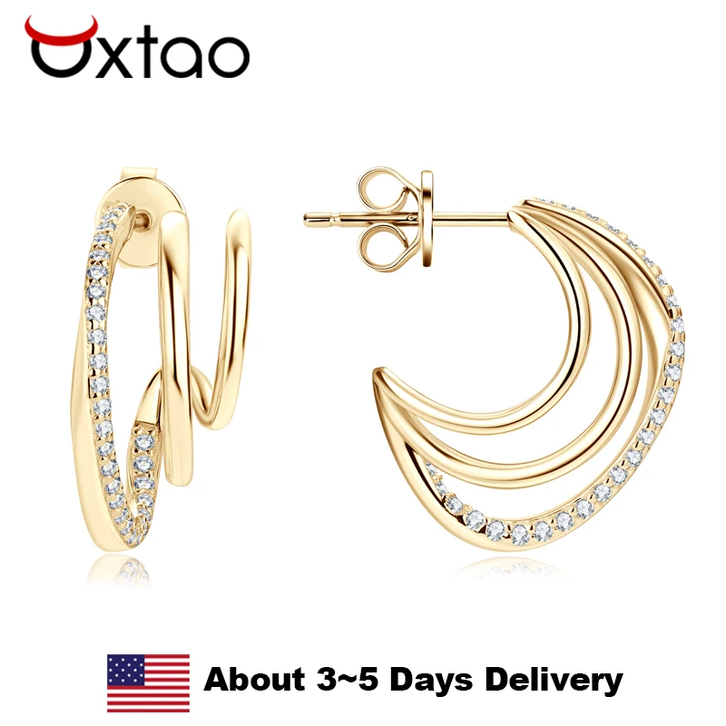 

OXTAO C-shaped Moissanite Stud Earrings Original 925 Sterling Silver Piercing Earring For Women 14K Gold Plated Trendy Jewelry