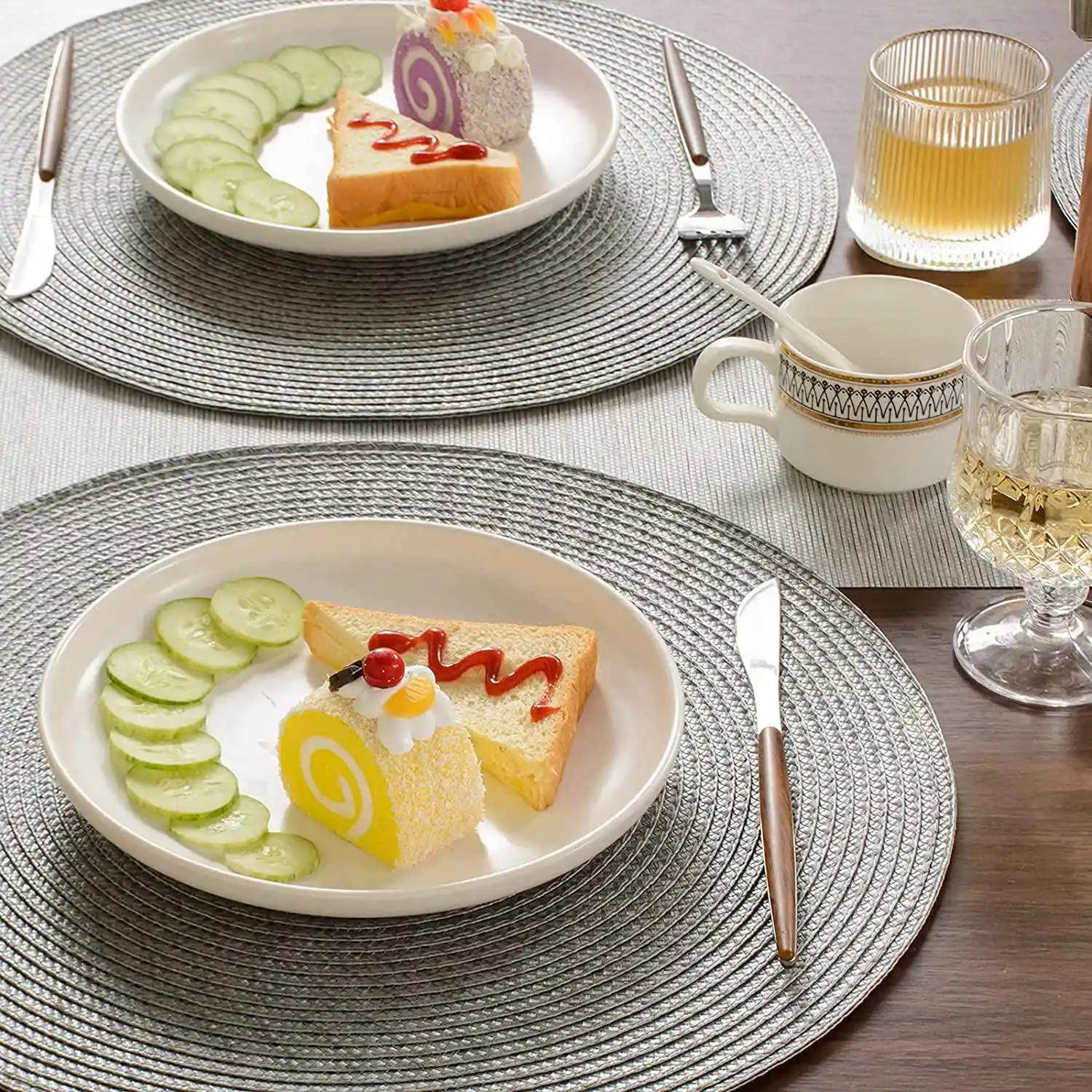 ABUH-Round Braided Placemats Set Of 6 Table Mats For Dining Tables Woven Washable Non-Slip Place Mats 15 Inch