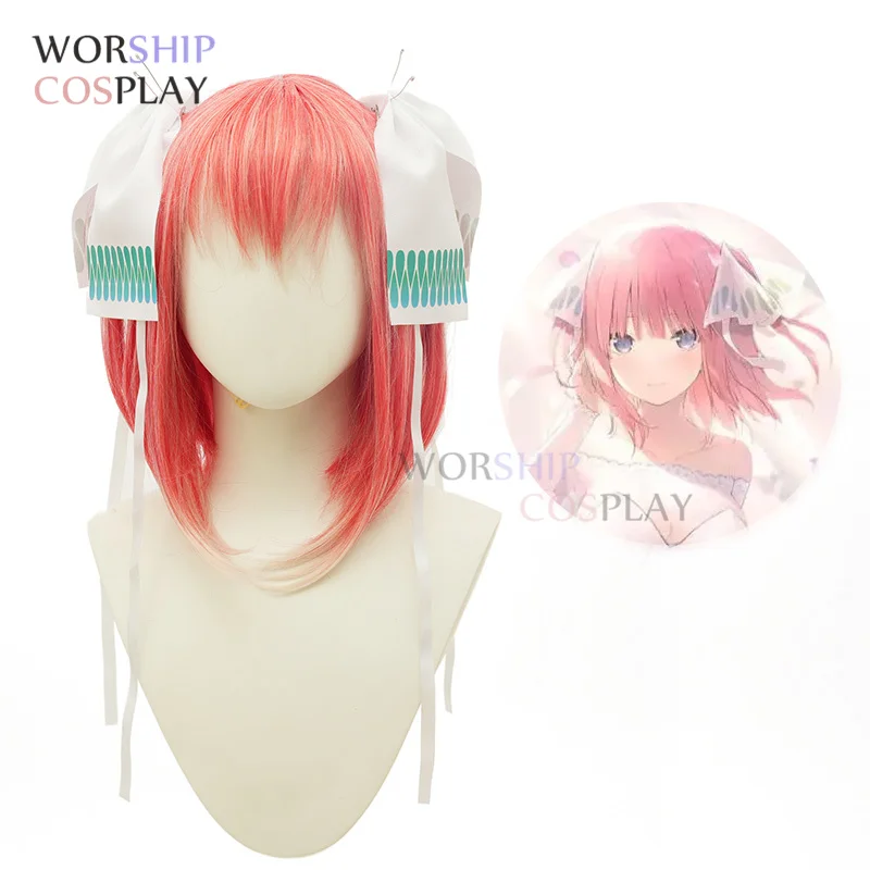 Anime Nakano Nino Cosplay Wig Short Pink White Gradient Hair Bow knots Butterfly Headwear