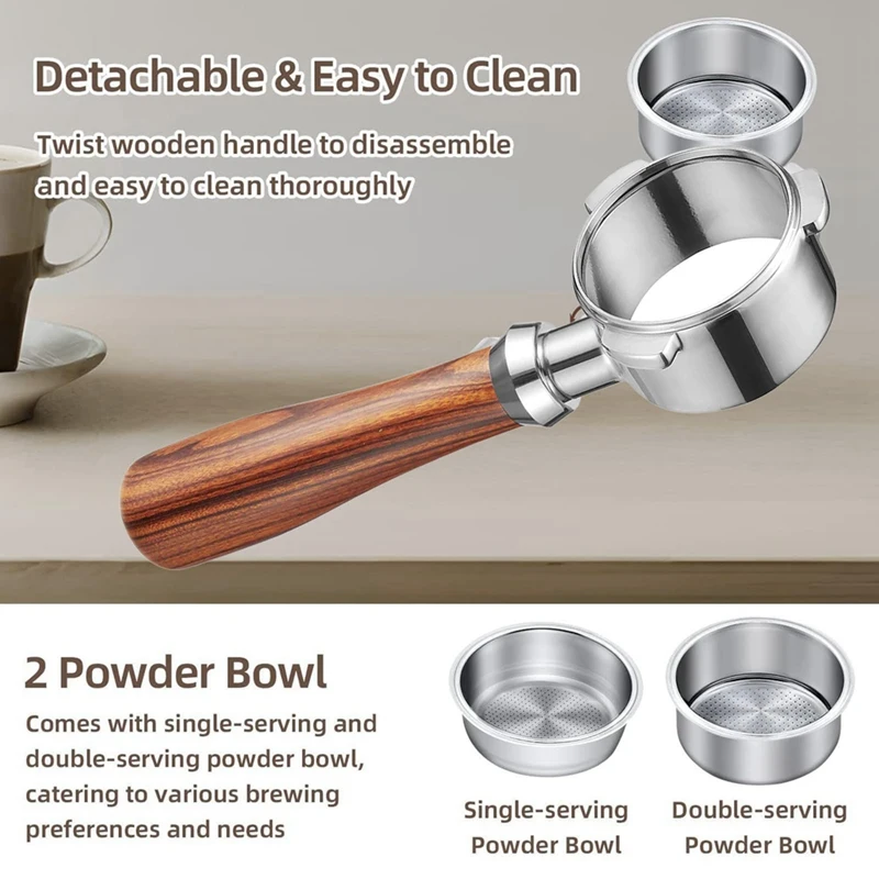 Бездонный портафильтр T78C 51 мм — с двумя лотками для порошка, сито из нержавеющей стали, дерево + нержавеющая сталь — 1 комплект