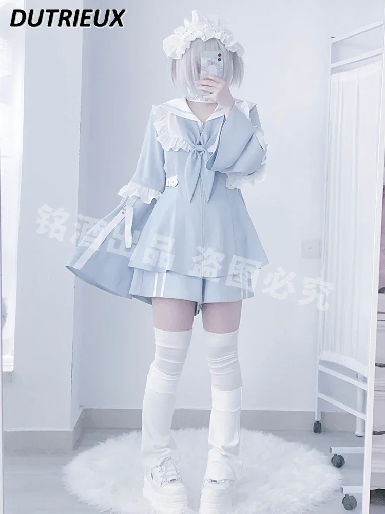 Japanese Style Mine Spring Ladies Lace Stitching Sleeves Coat Sweet Water Color Sailor Collar Dress and Base Shorts Suit