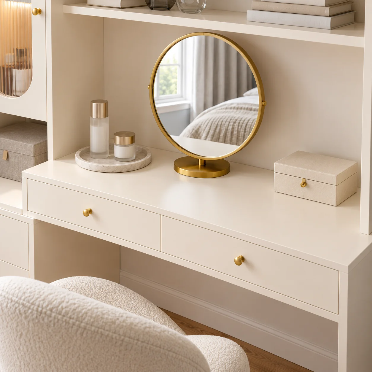 ju- Custom Modern Makeup Vanity Dressing Table with LED Mirror Drawers Storage Cabinet Bedroom Furnitu