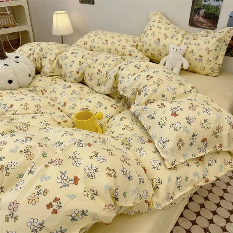 

Floral Bedding Set Korean Style Twin Double Size Duvet Cover No Filling Pillowcases Sheet Kit for Boys Girls Gift Home Textile