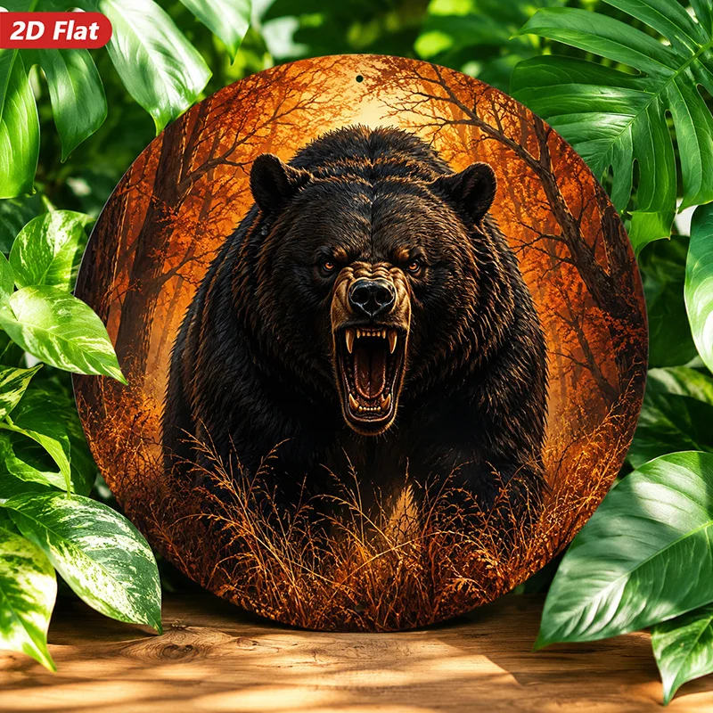 CIFBUY Rustic Roaring Bear Round Metal Wall Art Waterproof Durable Aluminum Wall Art Autumn Forest Golden Grass Decor for Bedroo