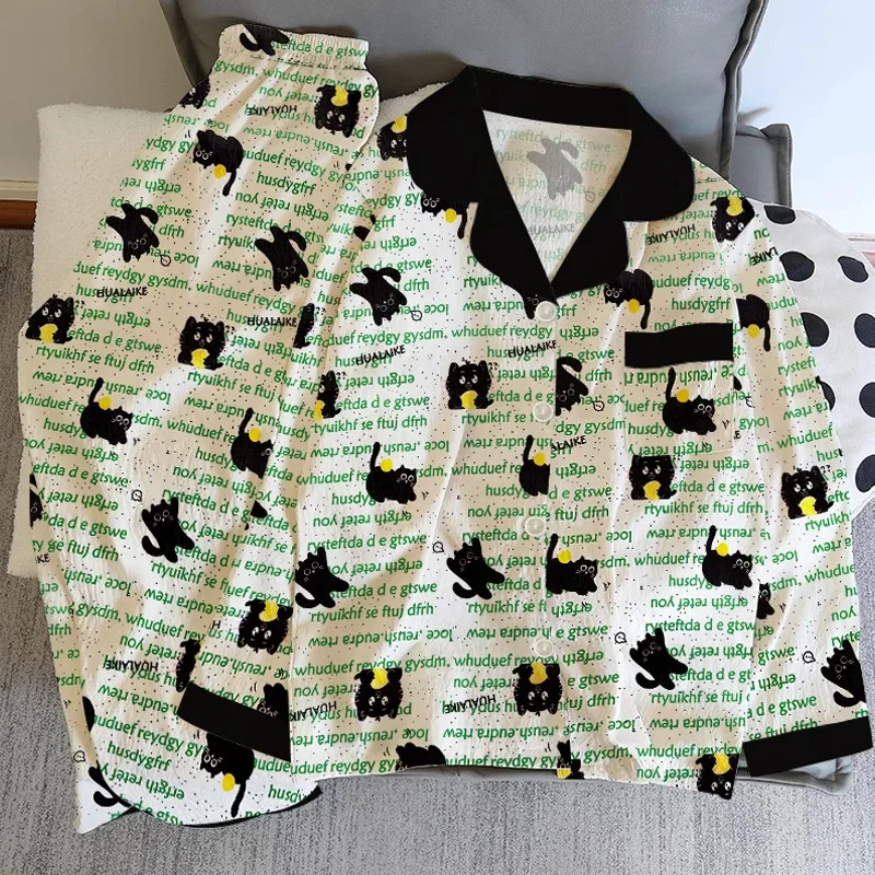 

Женская пижама с буквенным принтом кота Y2K, французский эстетический комплект из двух предметов, одежда для дома, винтажная модная женская пижама с лацканами, новый осенний пижамный комплект