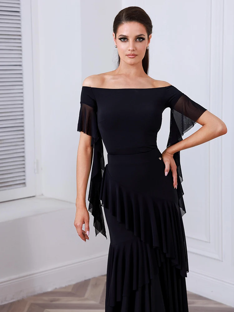 2025 schwarz Ballroom Dance Kleid Standard Modern Dance Kleidung Frauen Walzer Leistung Tragen Off Schulter Body Rock AMY 2555