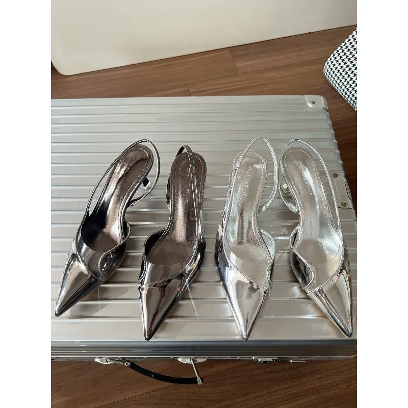 

Новые женские туфли-лодочки на высоком каблуке с острым носком, весна 2026, с блестящим верхом, прозрачной задней частью, модный стиль, женские туфли без застежек