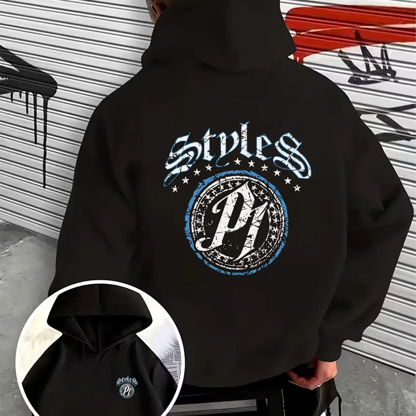 Men'S Drawstring Hoodie Style P1 Retro Distressed Badge Print American Street Trendy All-Match Men'S Hooded Sweatshirt