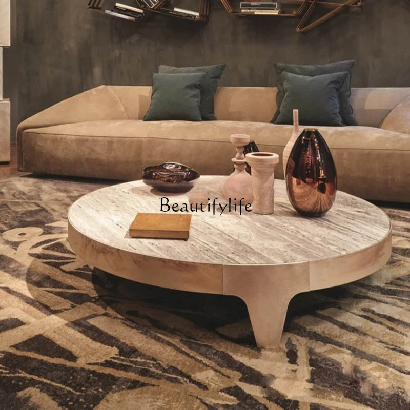 Modern simple marble travertine coffee table light luxury stainless steel round coffee table