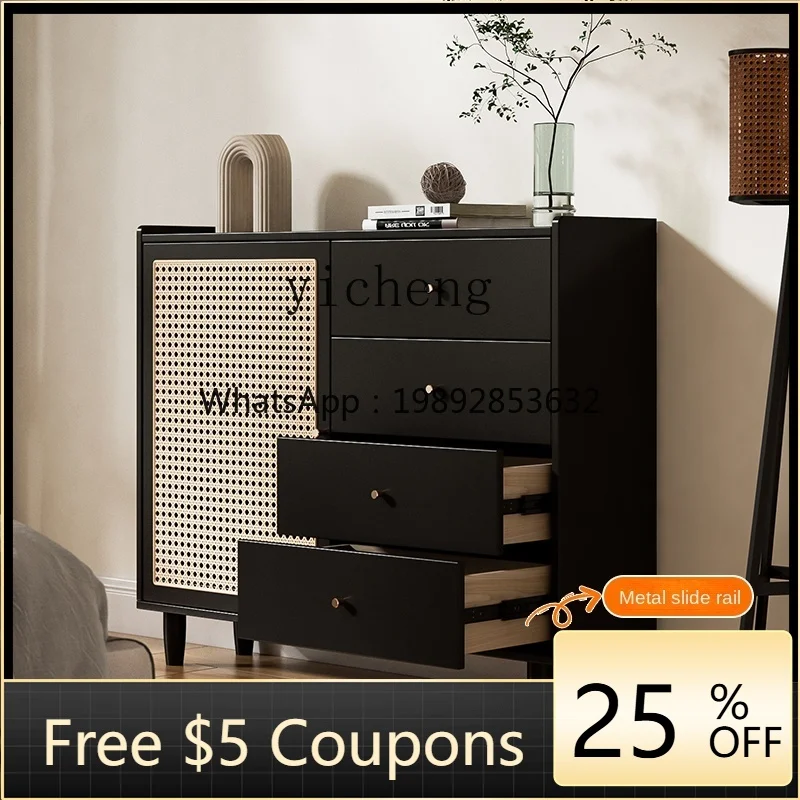 BB  Solid Wood Rattan Chest of Drawers Bedroom Storage Cabinet Black Chest of Drawers Living Room Locker