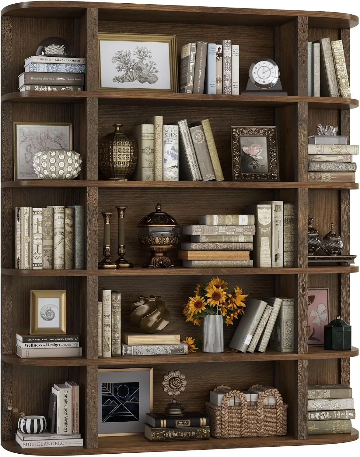 62 Inch Tall 5‑Tier Freestanding Wood Bookcase, 47 Inch Wide Large Display Bookshelf with Curved Side Shelves for Living Room and Home Office, Walnut