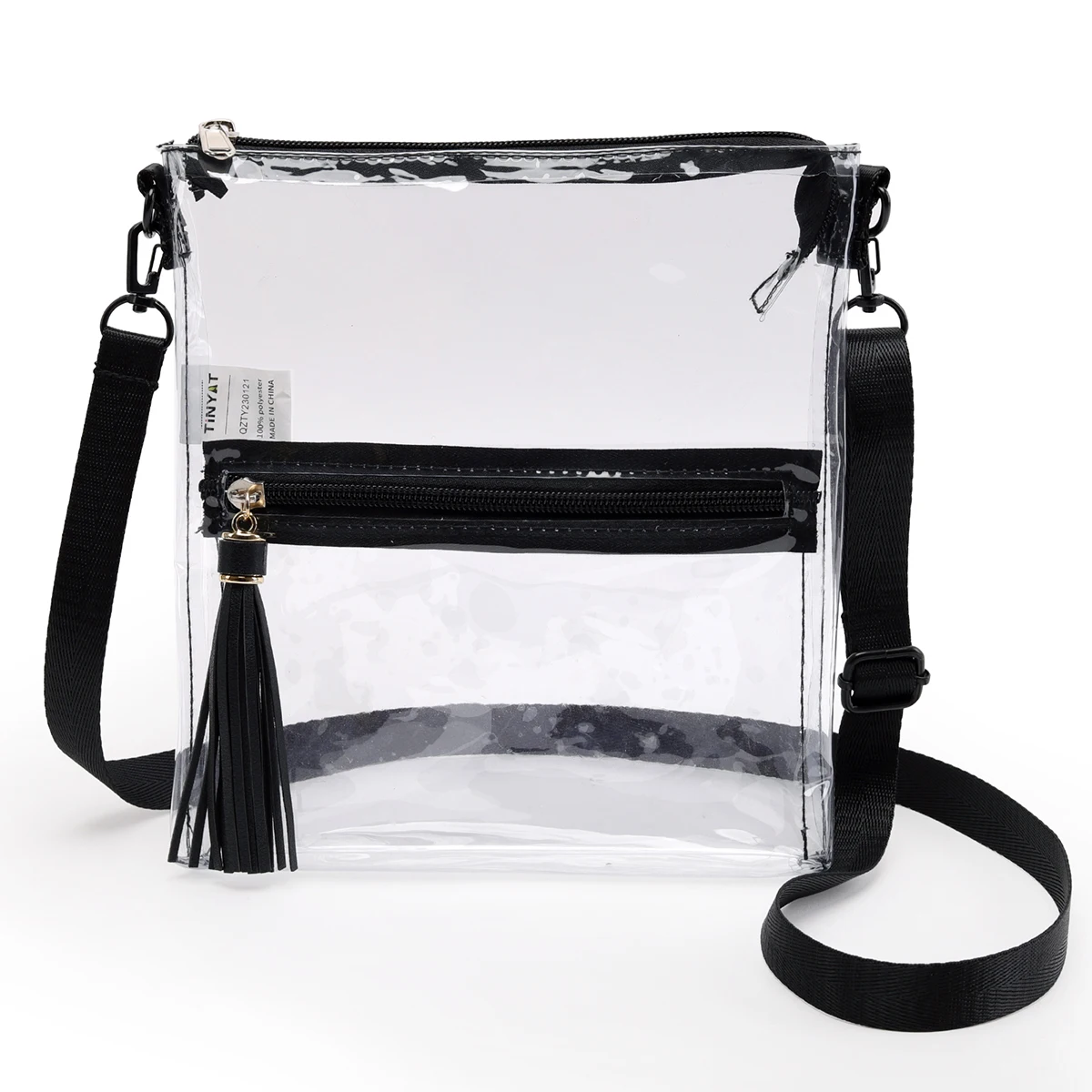 TINYAT Men's Clear Crossbody Bag Lightweight Fringed Zipper Shopping Bag Casual PVC Shoulder Bag for Daily Use and Shopping