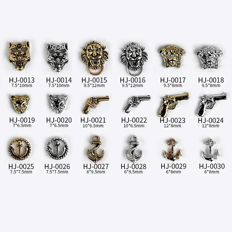 20PCS Retro Gold Silver Gun Black Punk Style Metal Anchor Lion Head Pistol Alloy Nail Art Charm Decorations Manicure Ornaments