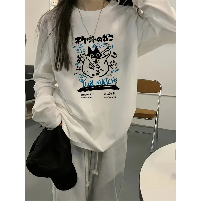 Y2K Cartoon Pattern Printed Long Sleeved Women's T-shirt Retro Autumn and Winter Y2K Street Style Versatile Basic Base Shirt