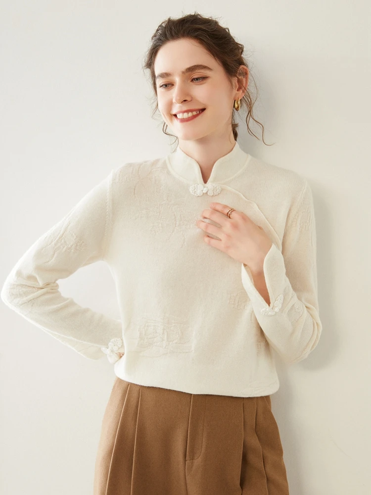 Woman Clothing 100%Cashmere Sweater Soft Warm Autumn Winter Retro Chinese Style Pullover Knitwear Grace  Solid Color Female Tops