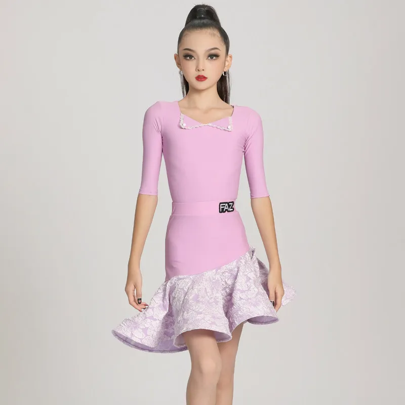 THEEPER Girls Latin Dance Dress Set, Lavender Purple 3/4 Sleeve Floral Skirt for Kids Latin Practice Wear, Latin Dance Costume