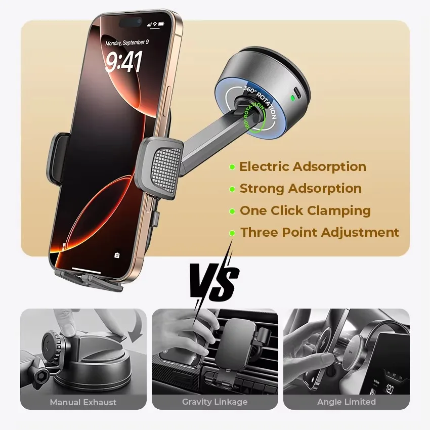 

LISEN 2025 Premium Electric Suction Cup 360 Phone Holder Low Noise Stable Hold One Touch Remove for Car and Office