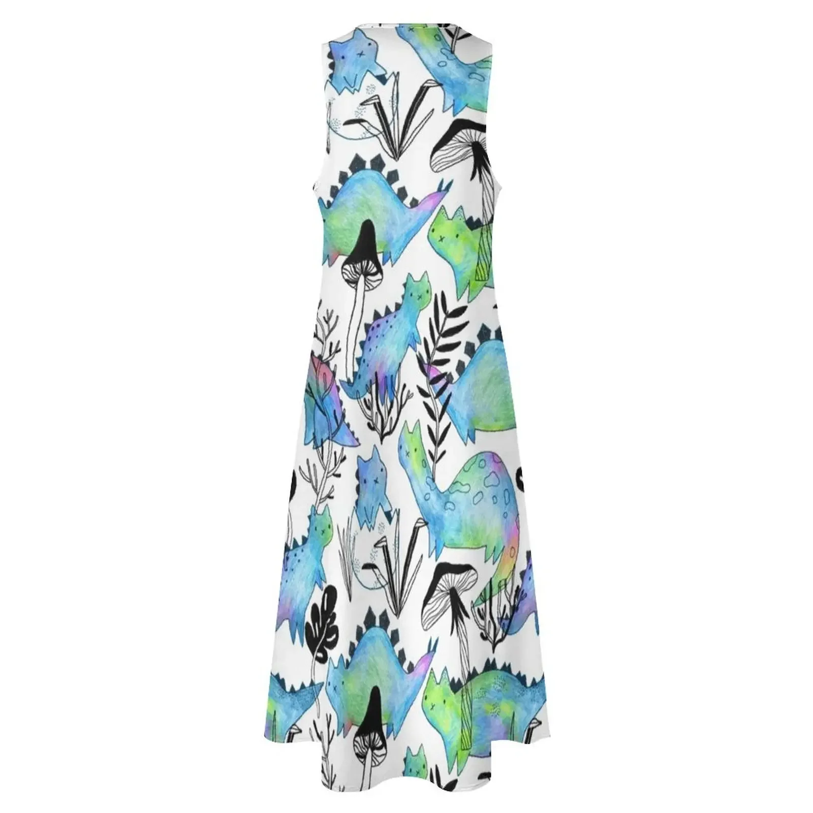 Catosaures et plantes crayon. Chats et champignons dinosaures amusants. Robe longue d'anniversaire pour femmes, robe de bal de luxe, 2025