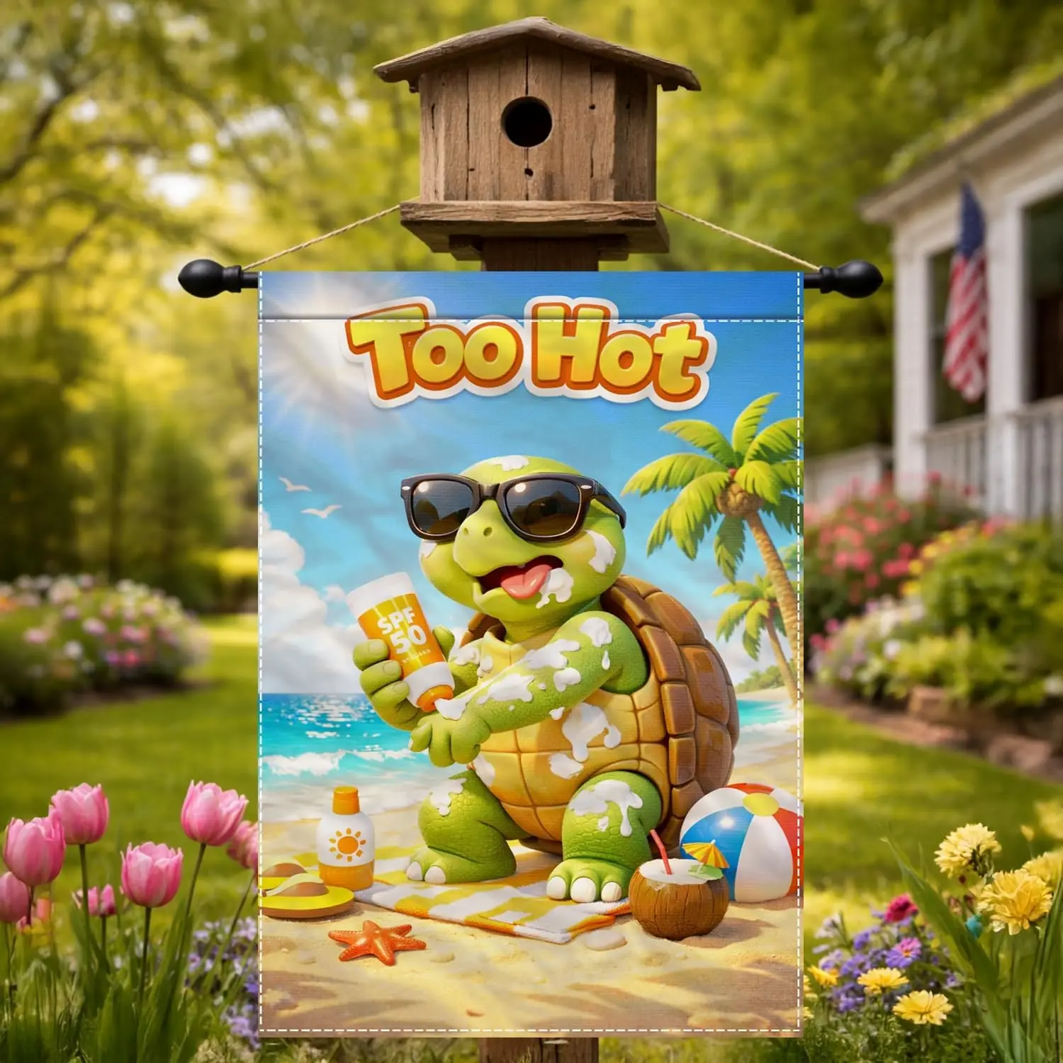 Funny Sea Turtle Garden Flag 12x18 Inch Double Sided Too Hot Summer Beach Coastal Outdoor Yard Decor Polyester kkz