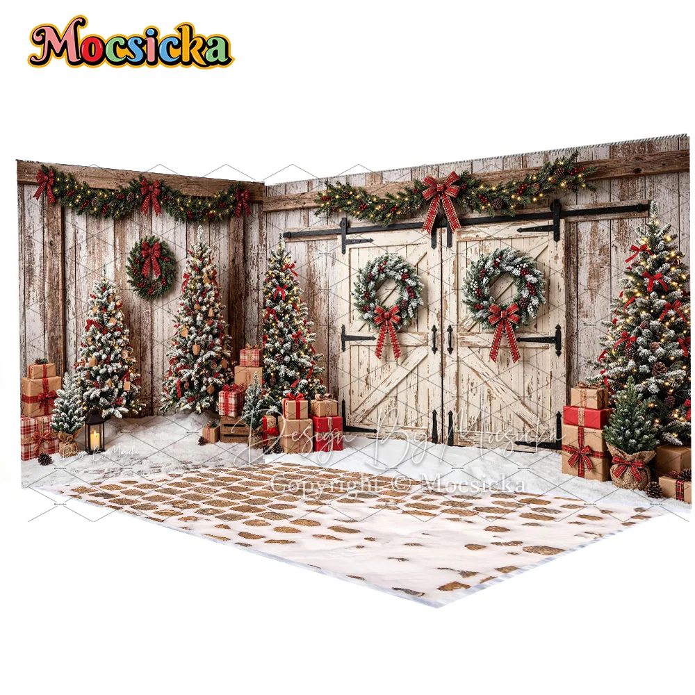 Mocsicka Rustic Christmas Barn Door Backdrop Photography Garland Wreath Xmas Tree Gift Corner Background Kid Family Winter Photo
