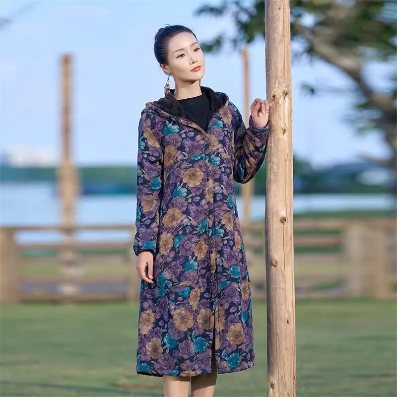 

2023 Autumn And Winter Plush Thick Cotton Linen Floral Jacket Windbreaker Ethnic Style Retro Oversized Printed Fleece Coat Z4666
