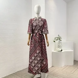 Women's Midi Dress Red Embroidery Floral Half Sleeves  Vintage Self Bow Tie At Waist New High Quality 2024