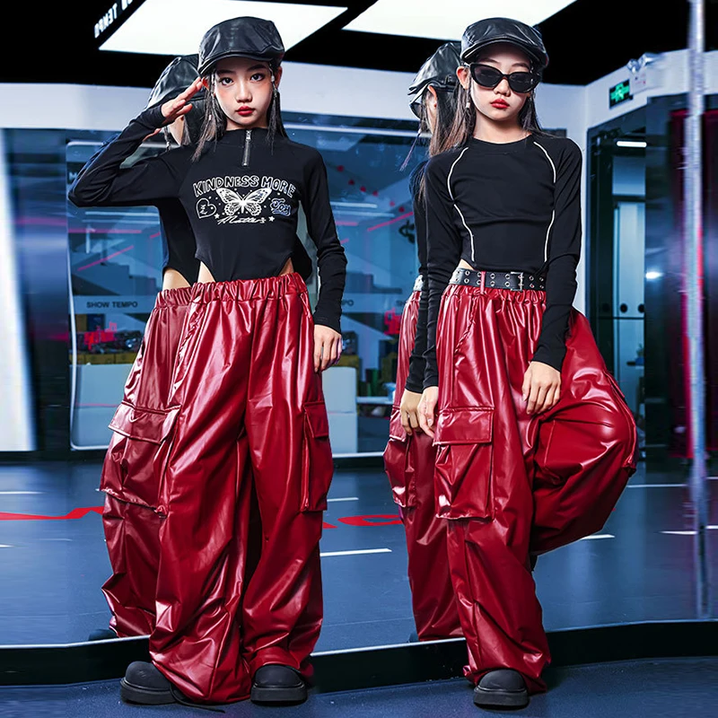 

Children Stage Dance Costume Kpop Performance Clothing Black Long Sleeve Tops Red Shuffle Pants Girls Jazz Dance Wear VDL2698