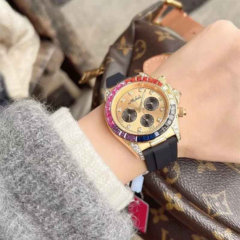 Zegarek kwarcowy z dużą tarczą, kolorową ramką z diamentami, sportowy, wielofunkcyjny, z silikonowym i skórzanym paskiem, wysokiej jakości zegarek damski.