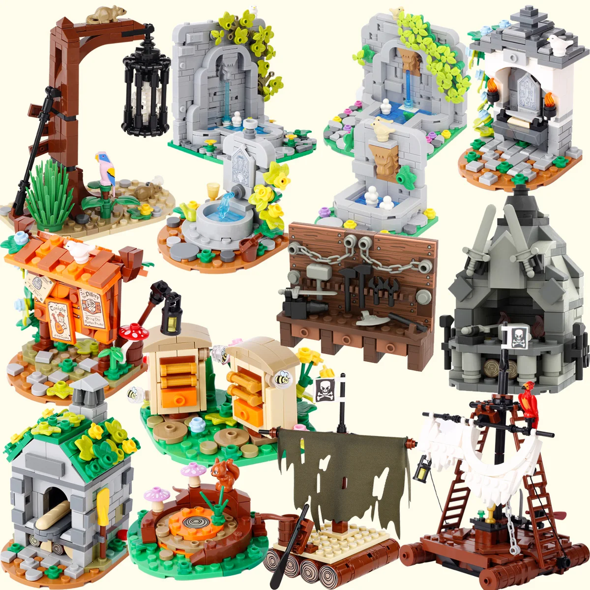 MOC Medieval City Building Blocks Medieval Accessories Bricks Medieval Town Street View Bee Farm Fountain Assembly Bricks Toys