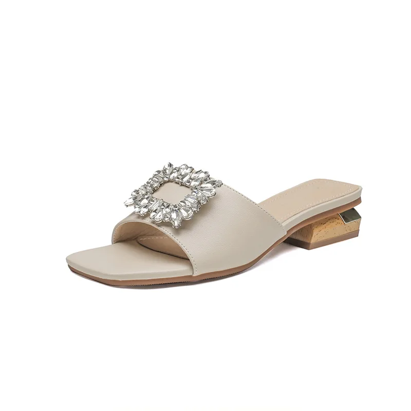 Summer Genuine Leather Slippers Women's Fashion Thick Heels Women's Sandals Water Diamond Buckle Zapatos De Mujer Women's Shoes