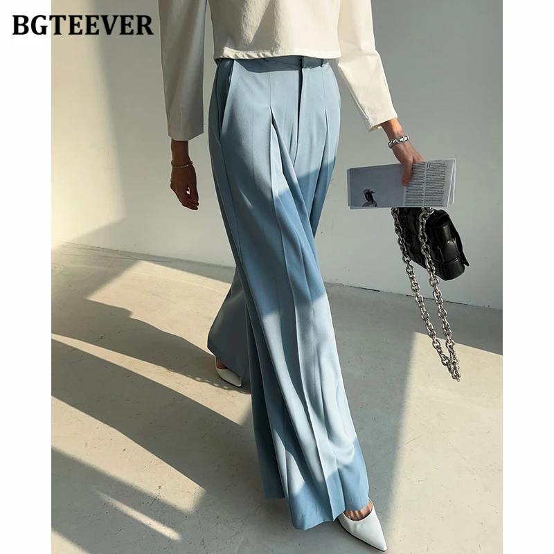 BGTEEVER Elegant High Waist Pockets Female Wide Leg Trousers Spring Summer Loose Pleated Long Pants for Women