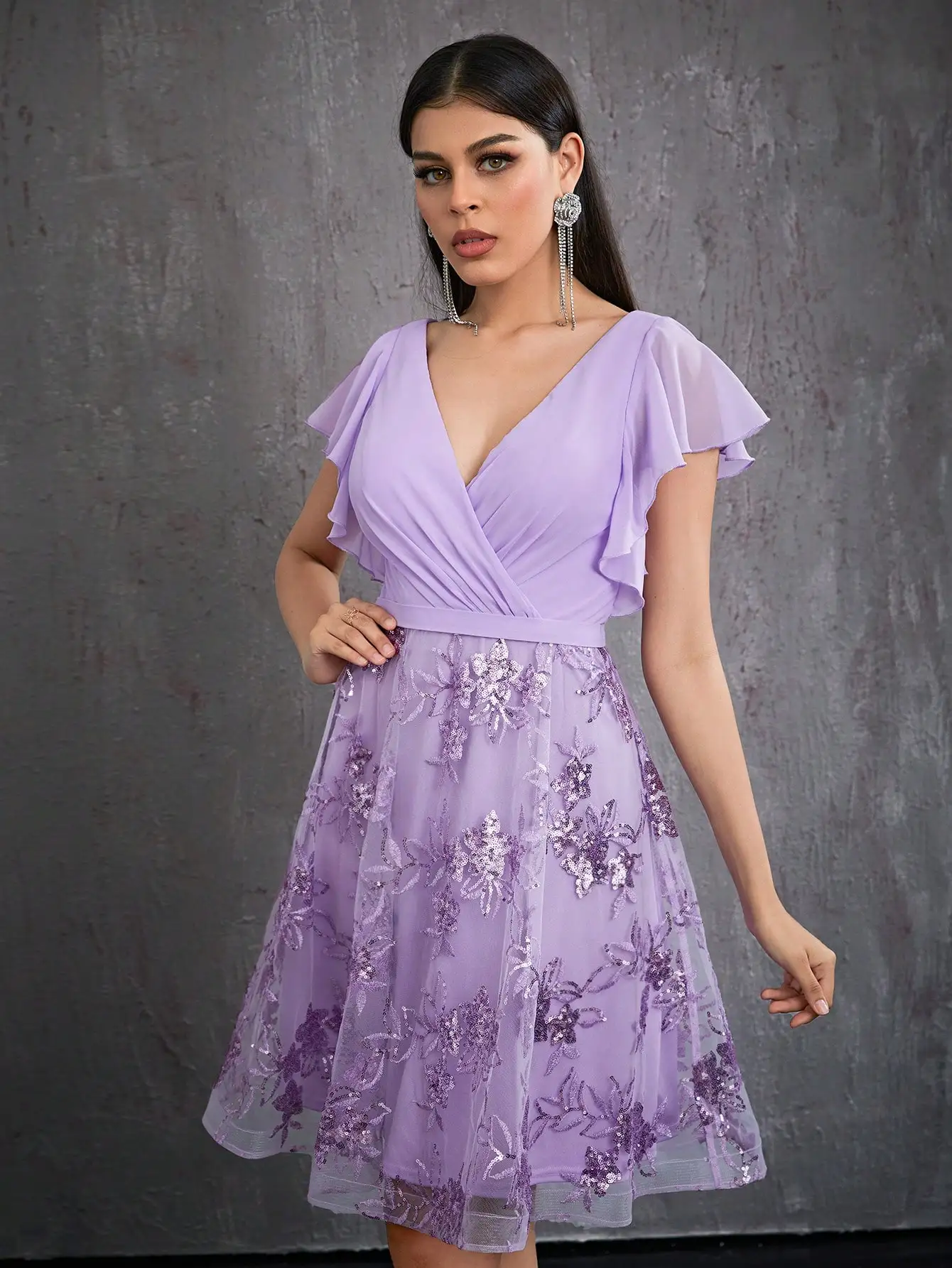 Mgiacyv-robe de soirée courte haut de gamme en mousseline de soie perlée, manches à volants, maille perlée